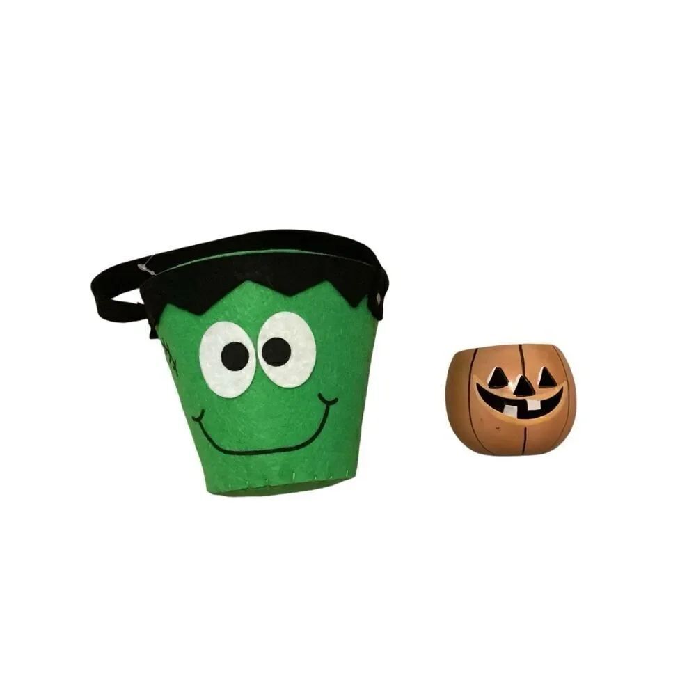 Felt Trick Or Treat Bucket Pumpkin Candle Holder Halloween Spooky Holiday Contai